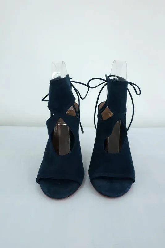 Aquazzura Sexy Thing Sandals Teal Cutout Suede Size 39 Open Toe Booties NEW