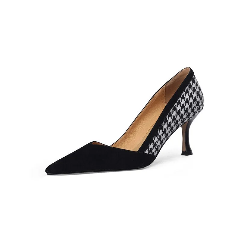 Back to school Spring women pumps natural leather plus size 22-26cm kid suede Plaid pigskin full leather pointed toe mixed colors high heels