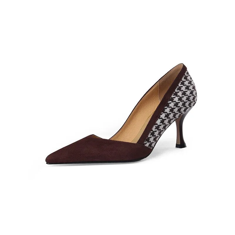 Back to school Spring women pumps natural leather plus size 22-26cm kid suede Plaid pigskin full leather pointed toe mixed colors high heels