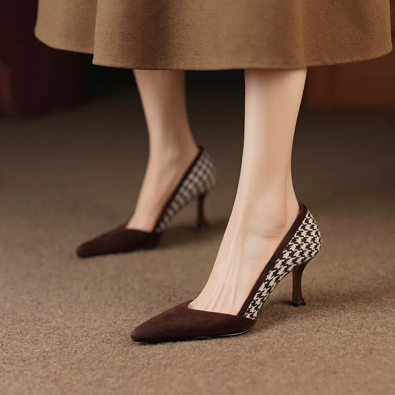 Back to school Spring women pumps natural leather plus size 22-26cm kid suede Plaid pigskin full leather pointed toe mixed colors high heels