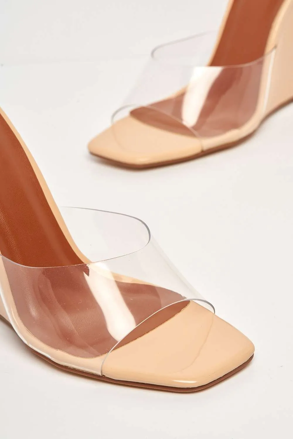 Cari Perspex Band Wedge Mule in Nude Patent
