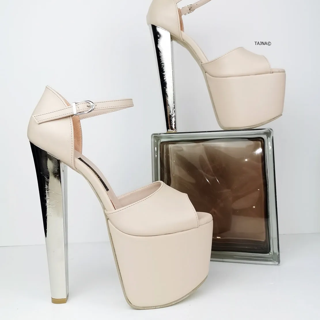 Cream Nude Metallic Platform Heels