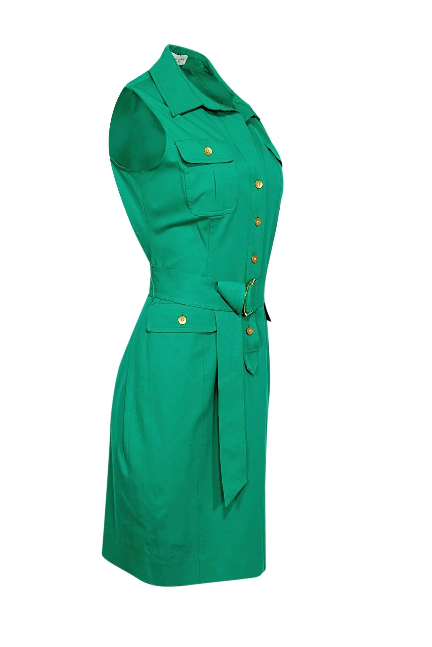 Donna Karan - Green Collared Button Down Sleeveless Midi Dress Sz 8