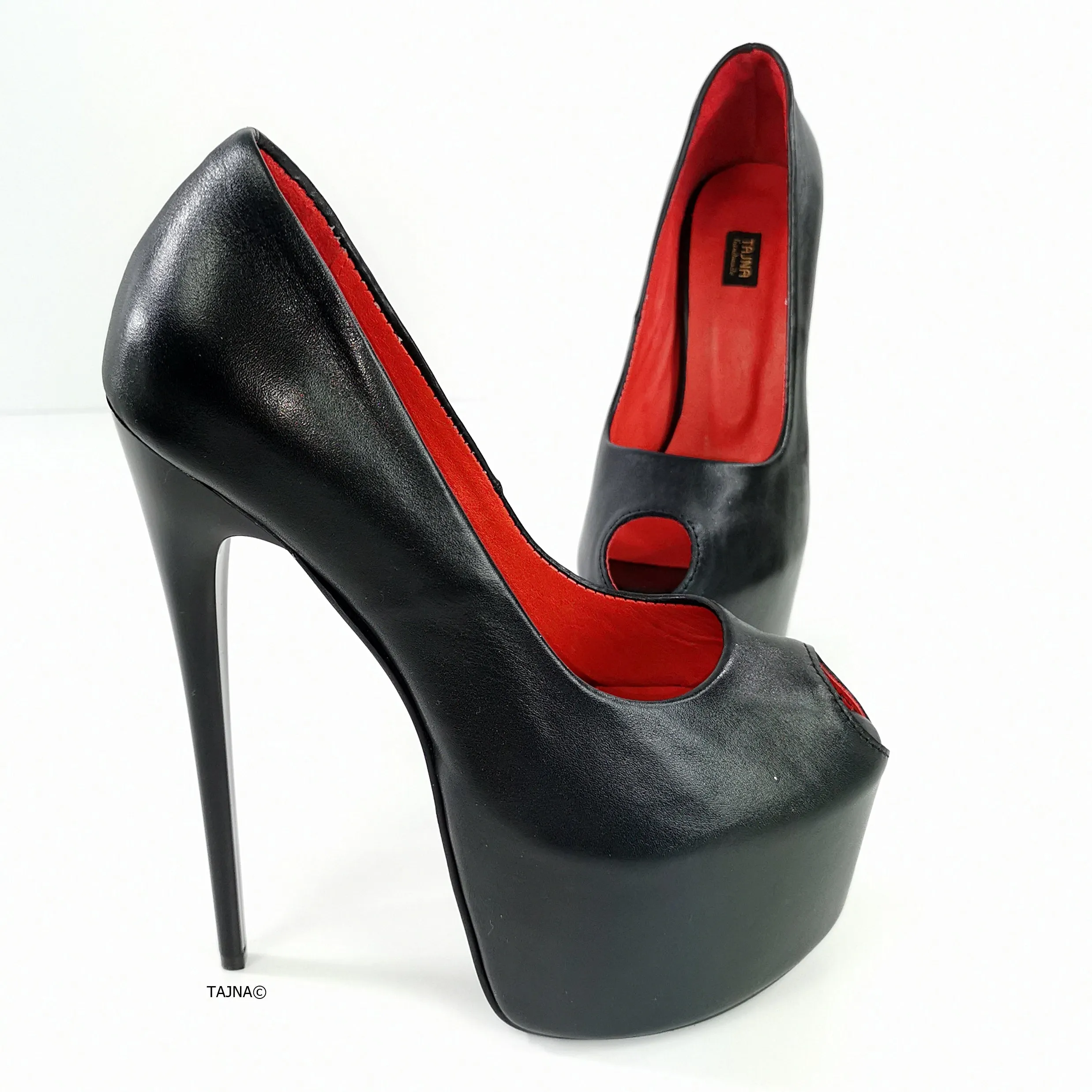 Genuine Leather Black Fishmouth Toe Heels