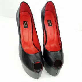 Genuine Leather Black Fishmouth Toe Heels