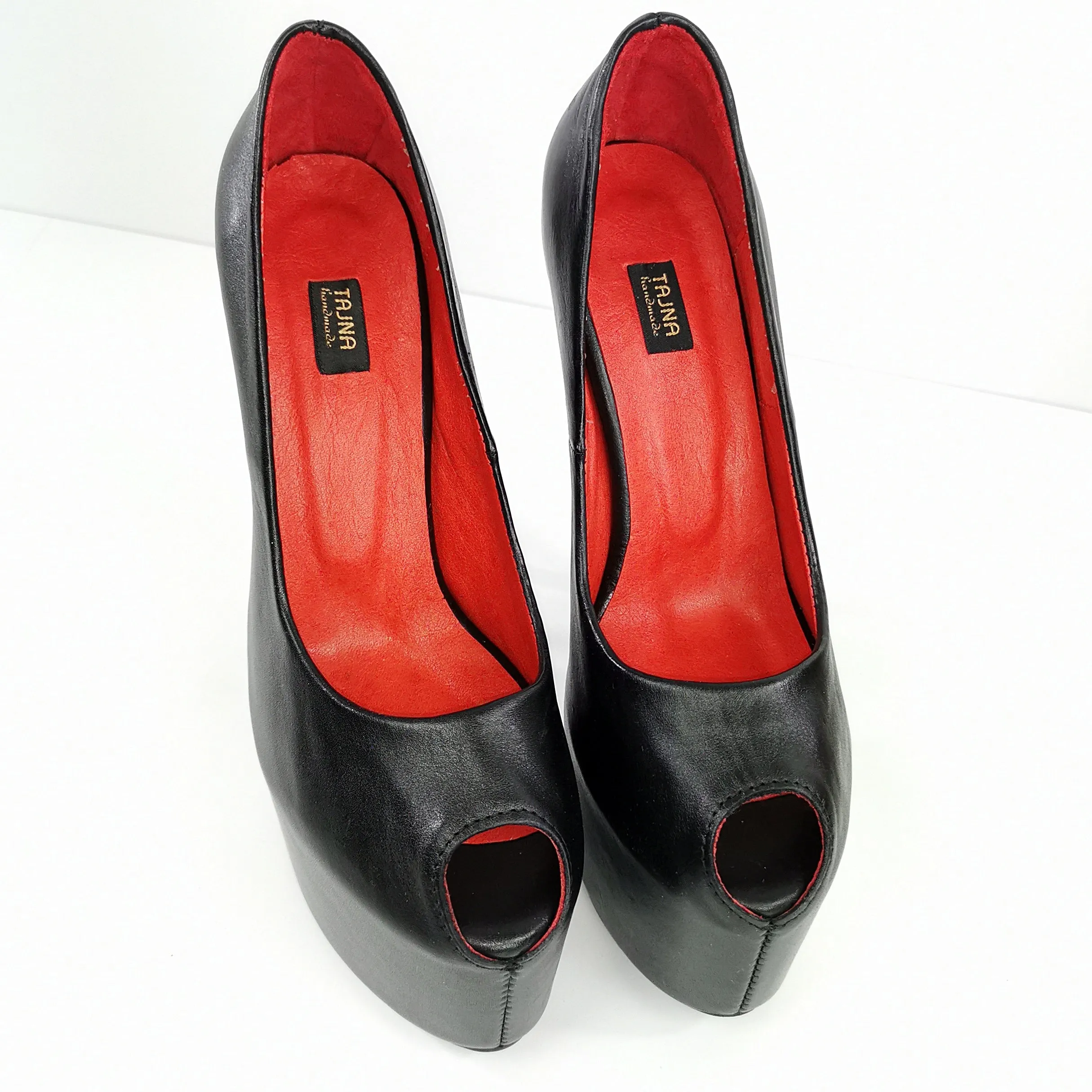 Genuine Leather Black Fishmouth Toe Heels