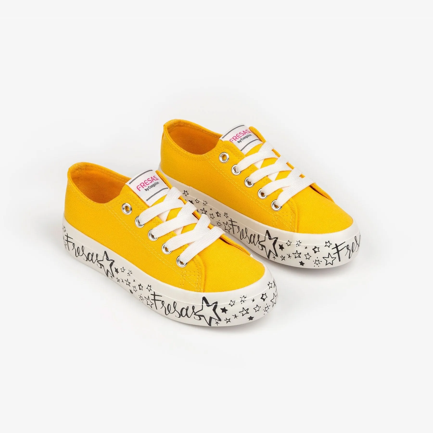 Girl's Yellow Printed Canvas Sneakers