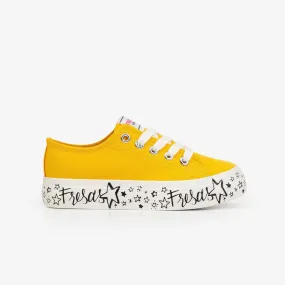 Girl's Yellow Printed Canvas Sneakers