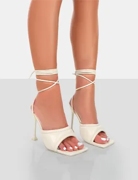 Gracie Ecru Pu Square Peep Toe Lace Up Stiletto Heels