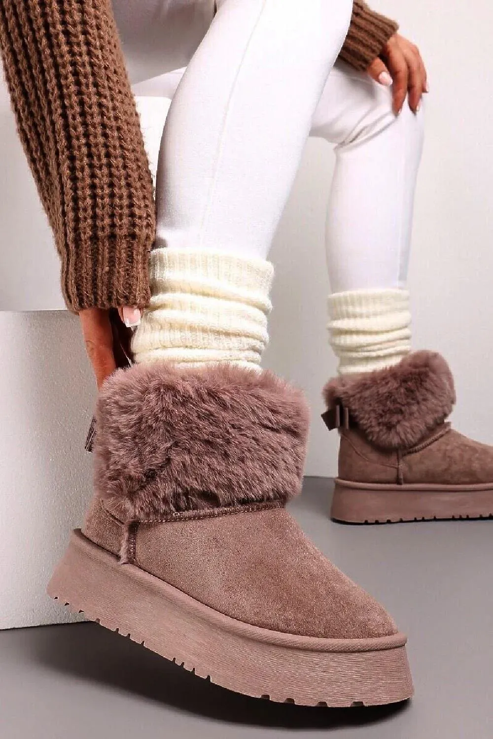 H.O.S Mauve Faux Fur Lined Chunky Platform Bow Detailed Ankle Boots (Buy Size Up)