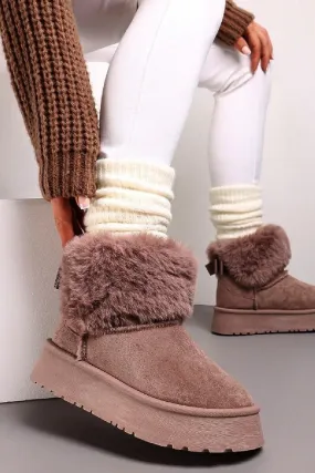 H.O.S Mauve Faux Fur Lined Chunky Platform Bow Detailed Ankle Boots (Buy Size Up)