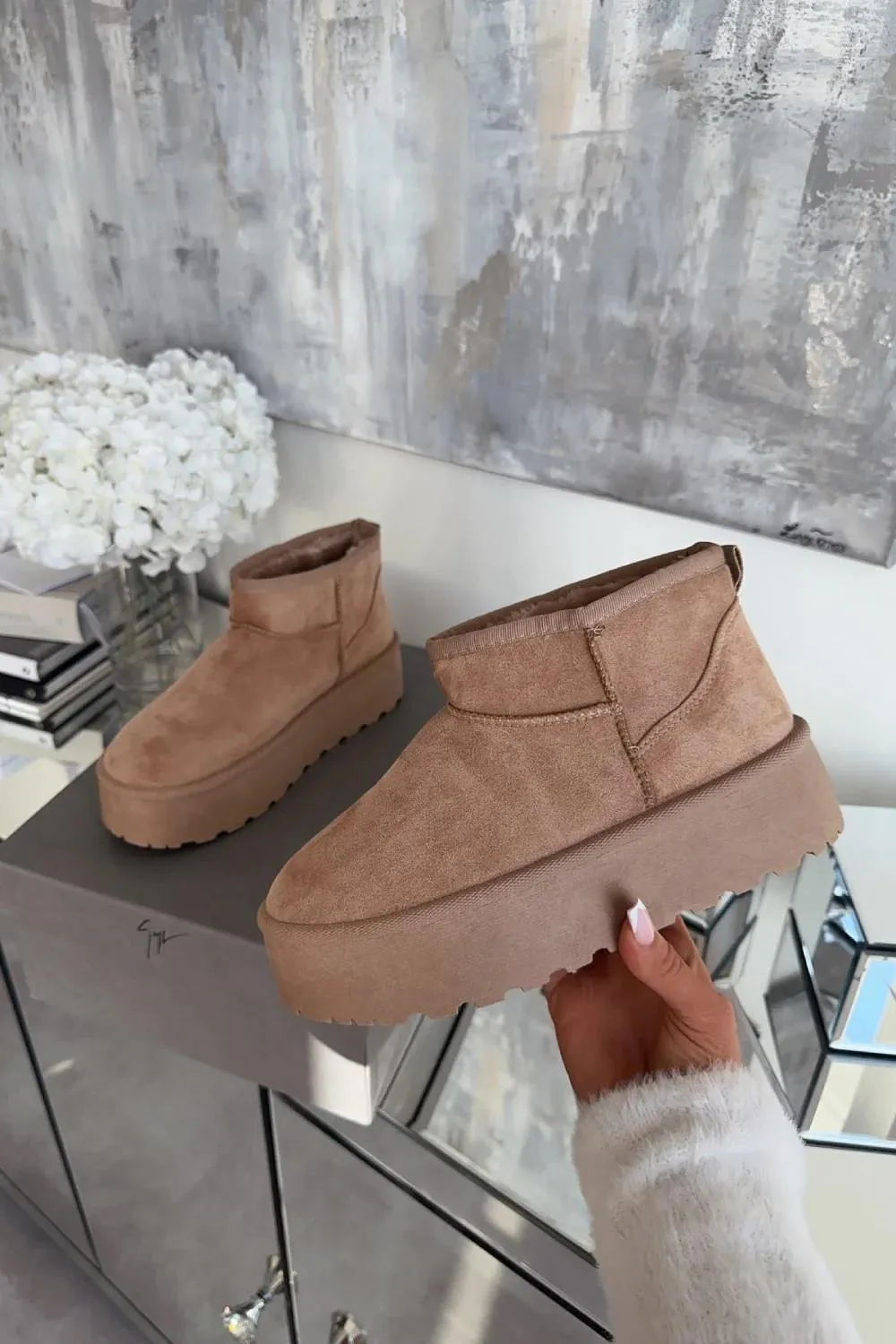 H.O.S Ultra Mini Camel Platform Womens Fur Lined Ankle Boots