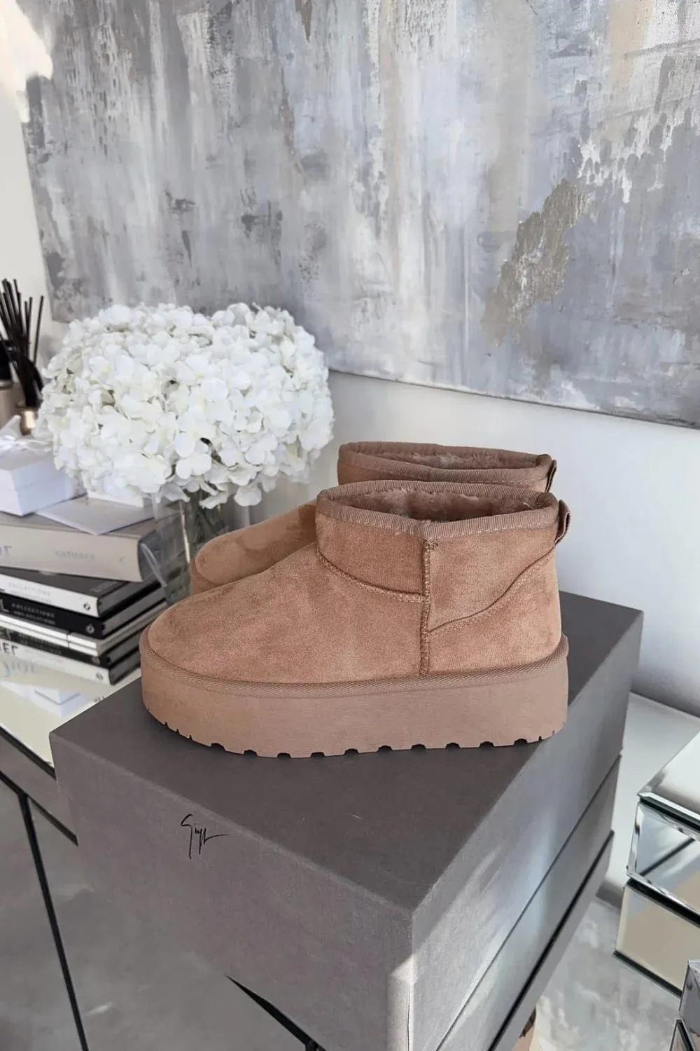 H.O.S Ultra Mini Camel Platform Womens Fur Lined Ankle Boots