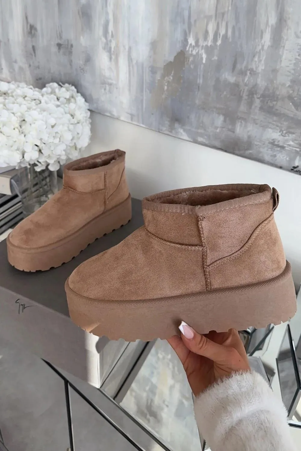 H.O.S Ultra Mini Camel Platform Womens Fur Lined Ankle Boots