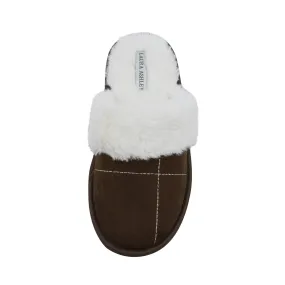 Laura Ashley Ladies Micro Suede Scuff Slipper with Plush Collar, Brown, L