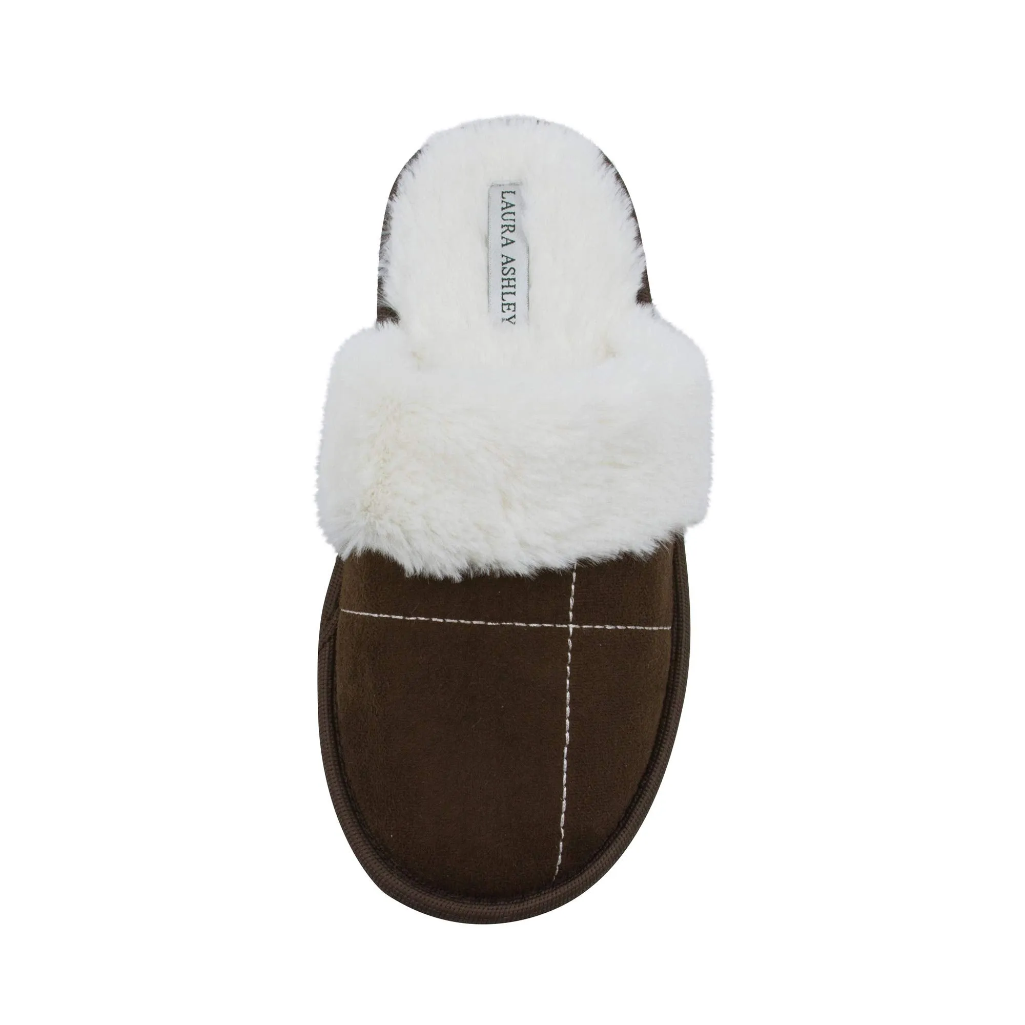 Laura Ashley Ladies Micro Suede Scuff Slipper with Plush Collar, Brown, L