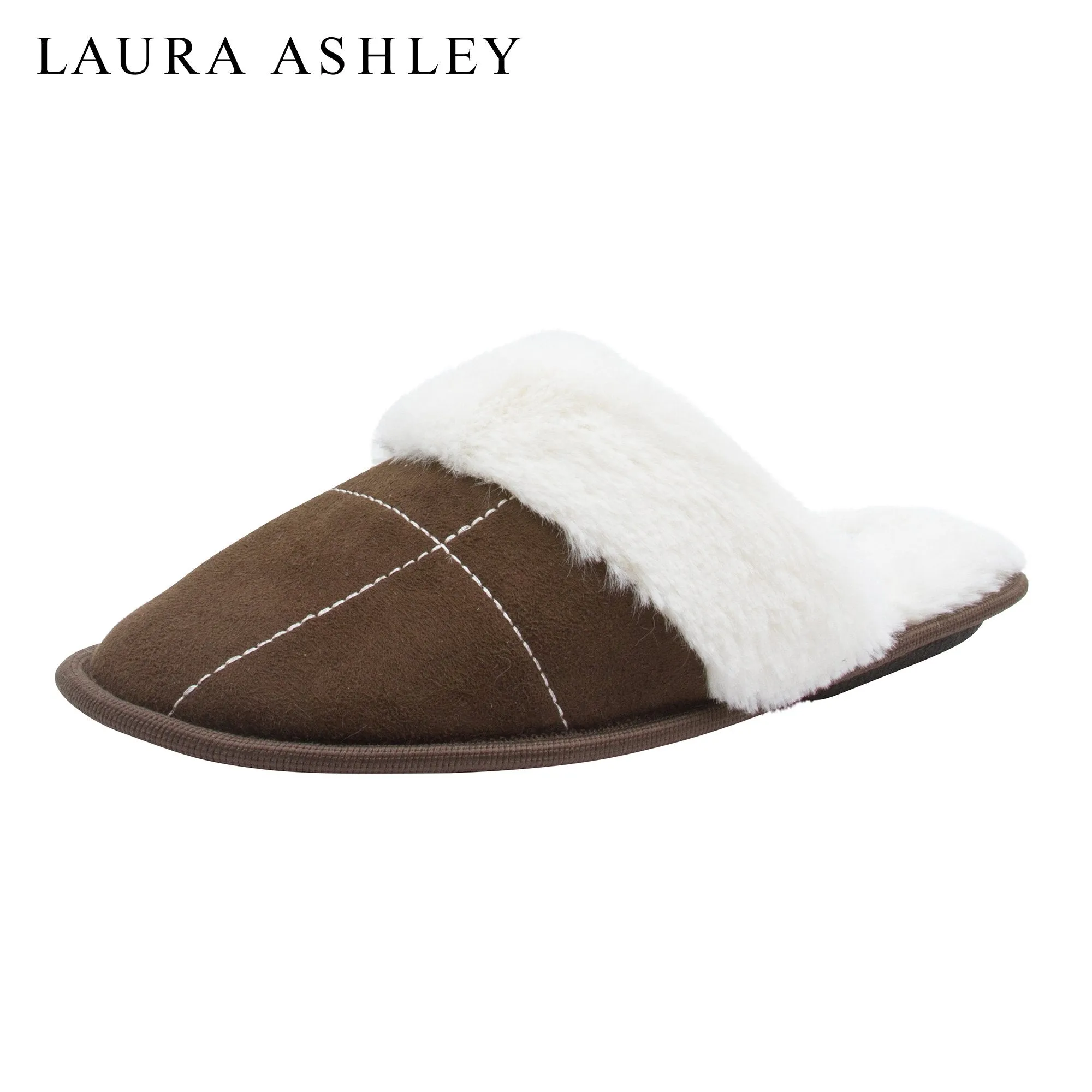 Laura Ashley Ladies Micro Suede Scuff Slipper with Plush Collar, Brown, L