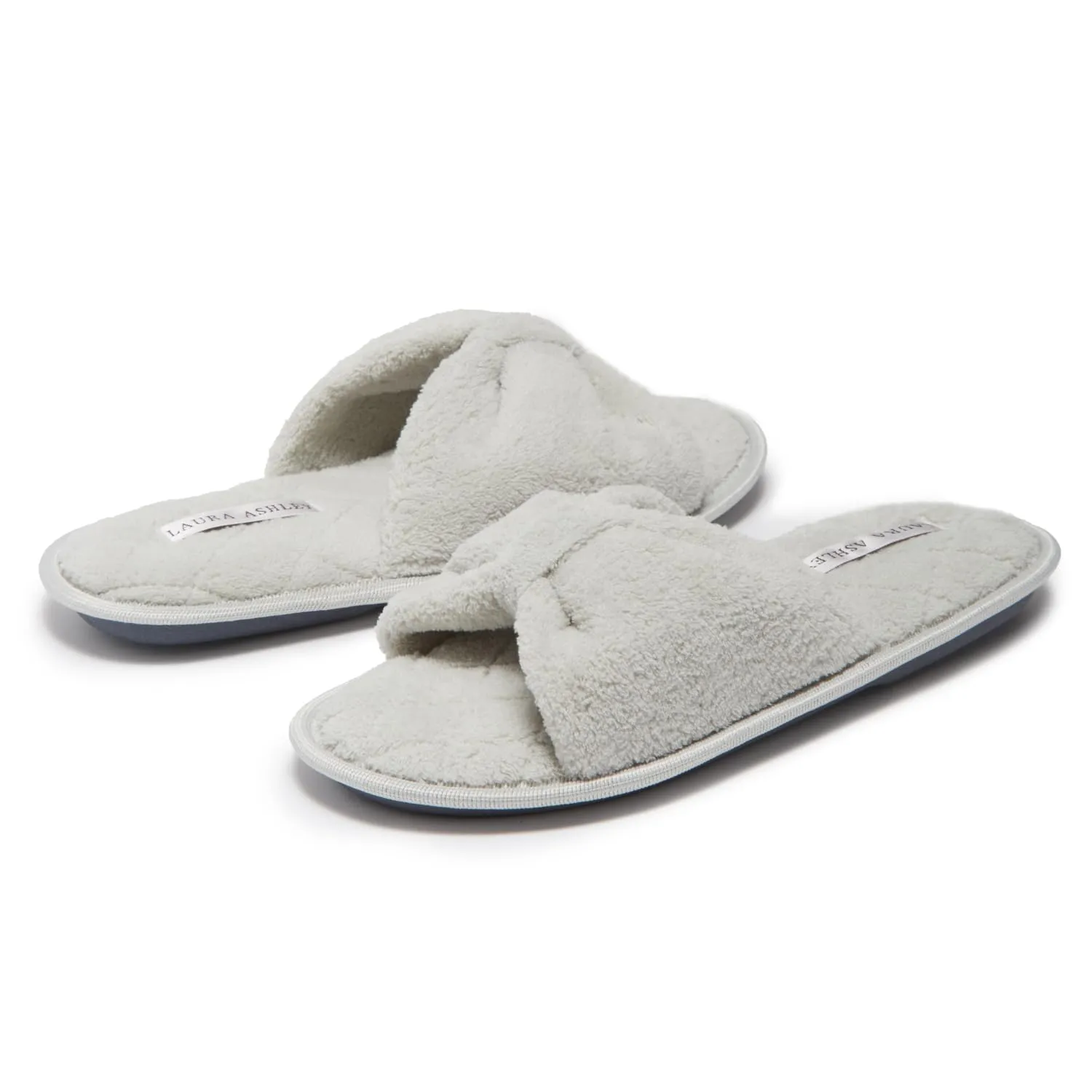Laura Ashley Ladies Open Toe Spa Slippers with Bow and Memory Foam Insole, Nickle Green, Medium