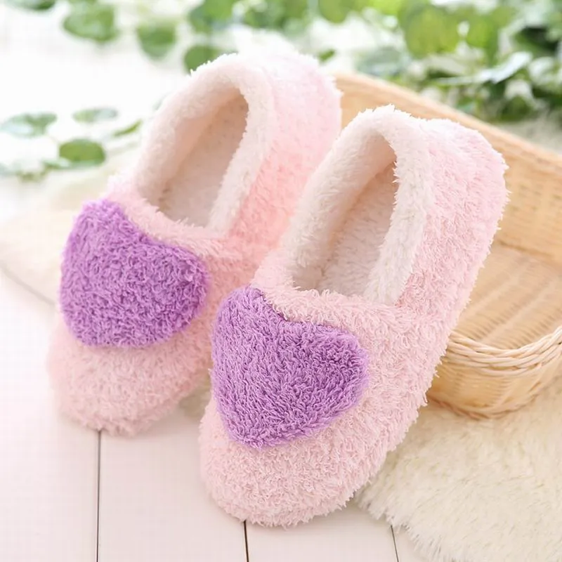 Lovely heart slippers for women soft plush warm house shoes bedroom slippers