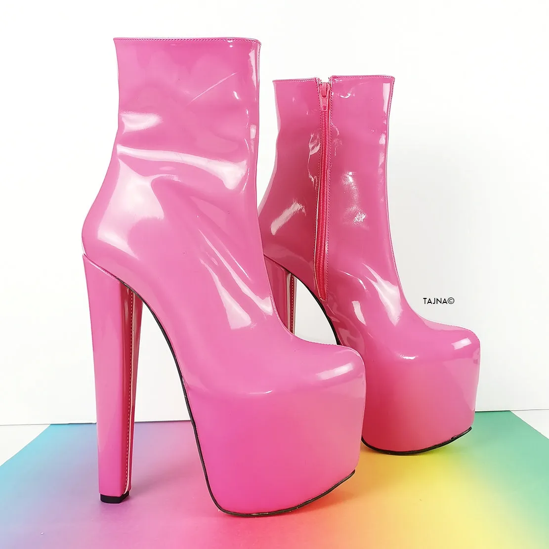 Lovely Pink Patent Chunky Heel Boots