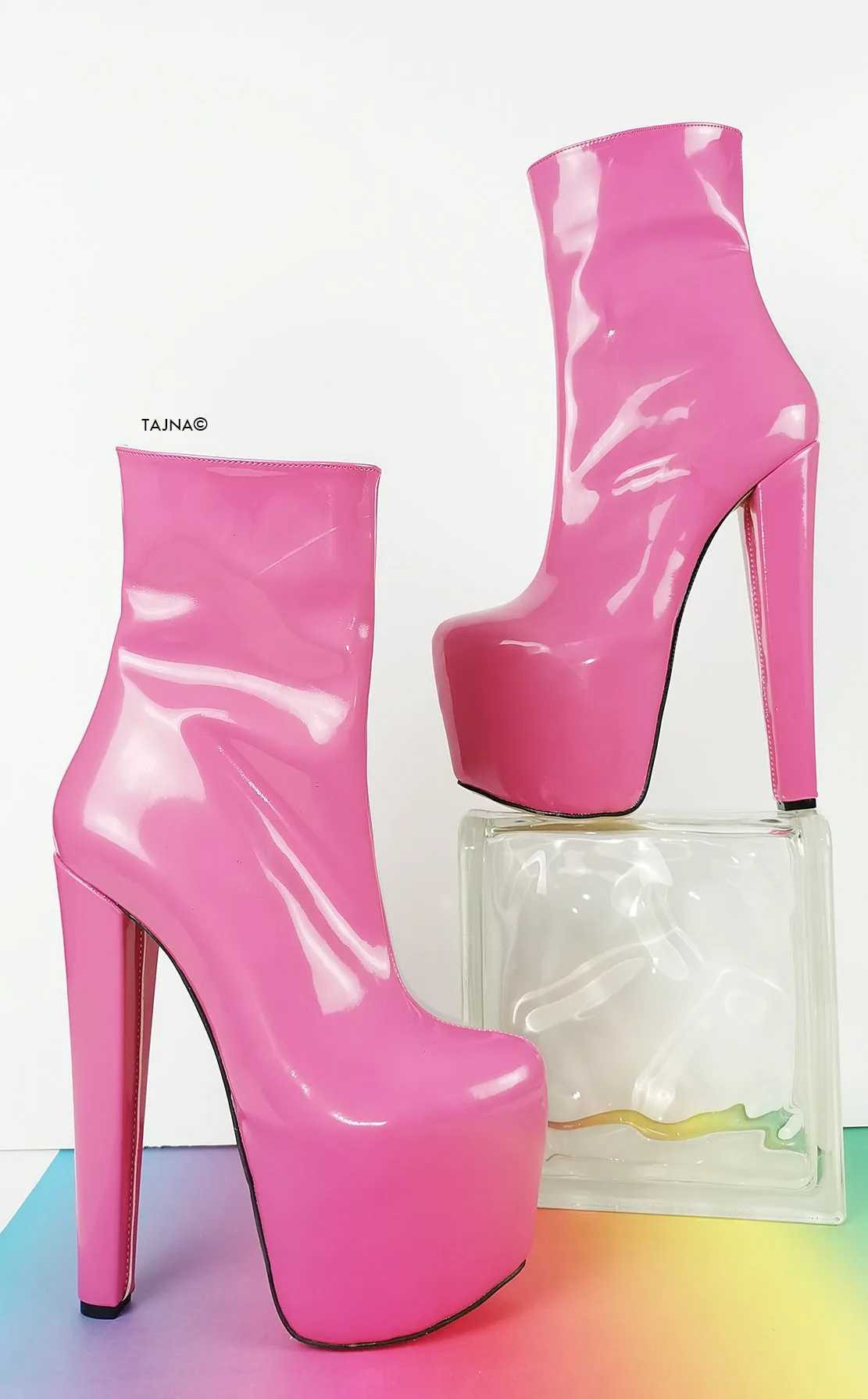 Lovely Pink Patent Chunky Heel Boots
