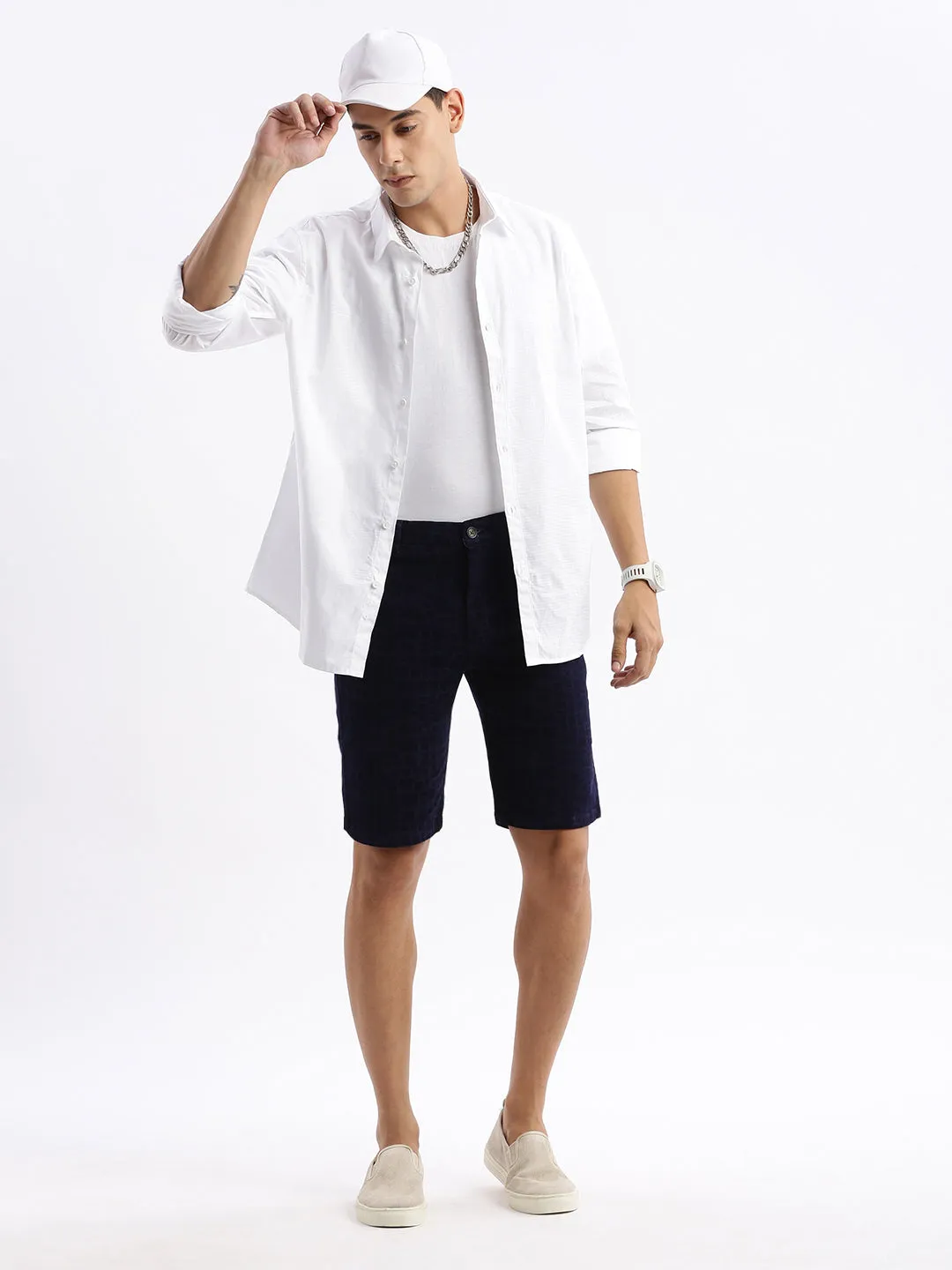 Men Abstract Navy Blue Denim Shorts