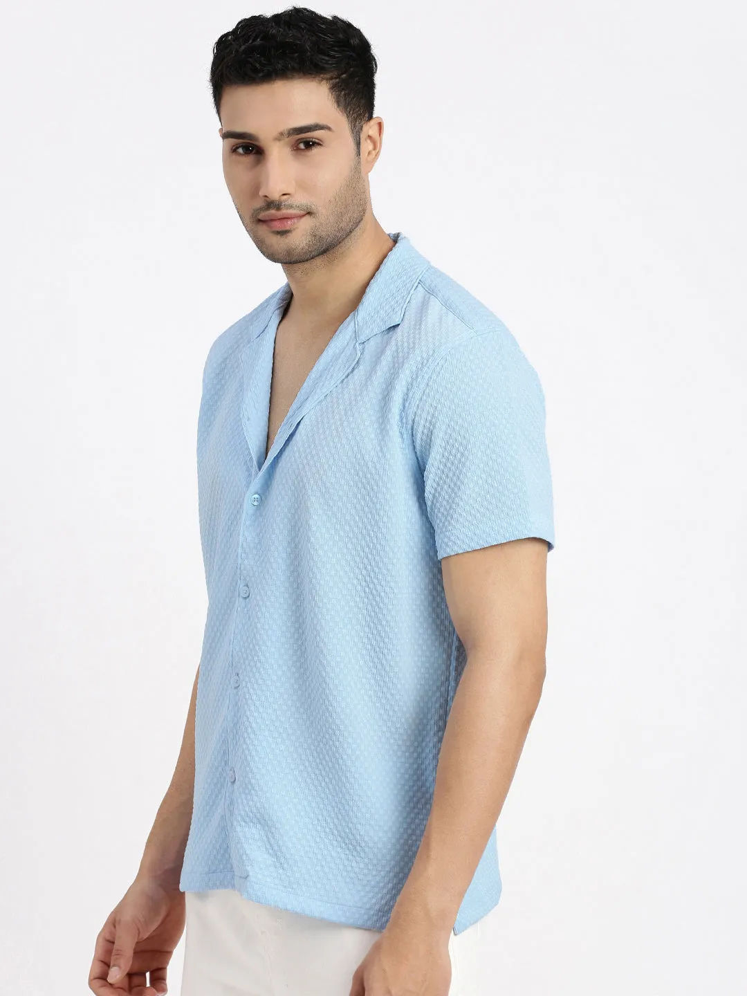 Men Blue Cuban Collar Solid Shirt