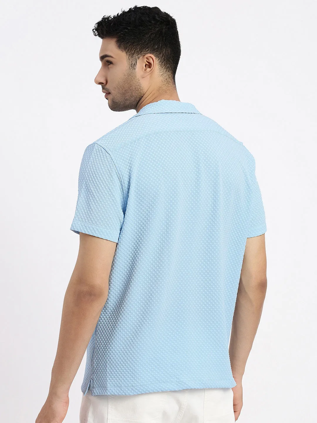 Men Blue Cuban Collar Solid Shirt