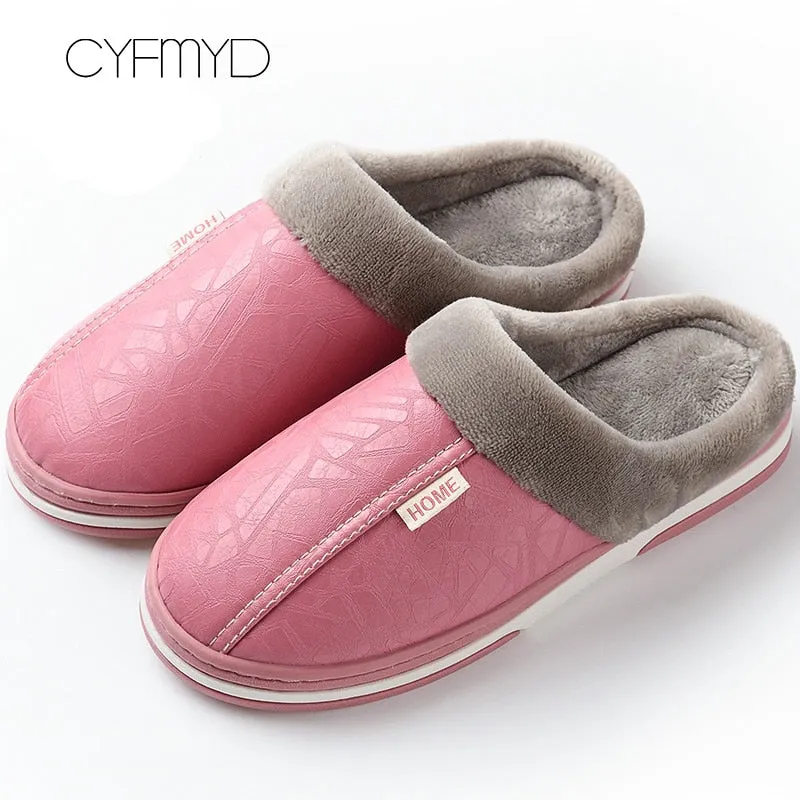 Men&#39;s Slippers Home Winter Indoor Warm Shoes Thick Bottom Plush  Waterproof Leather House Slippers Man Cotton Shoes 2022 New