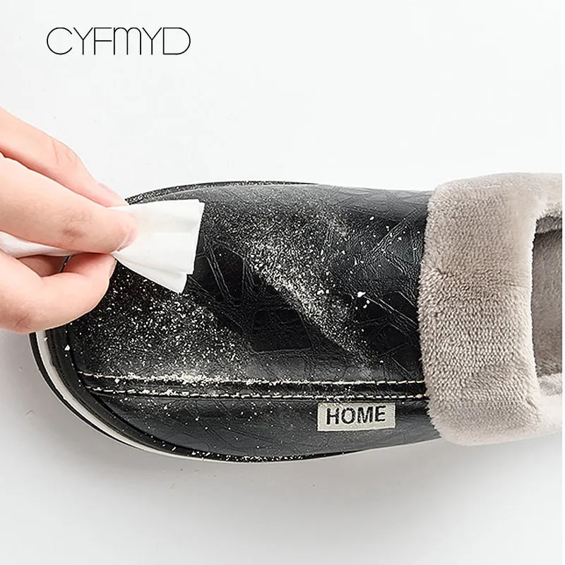 Men&#39;s Slippers Home Winter Indoor Warm Shoes Thick Bottom Plush  Waterproof Leather House Slippers Man Cotton Shoes 2022 New
