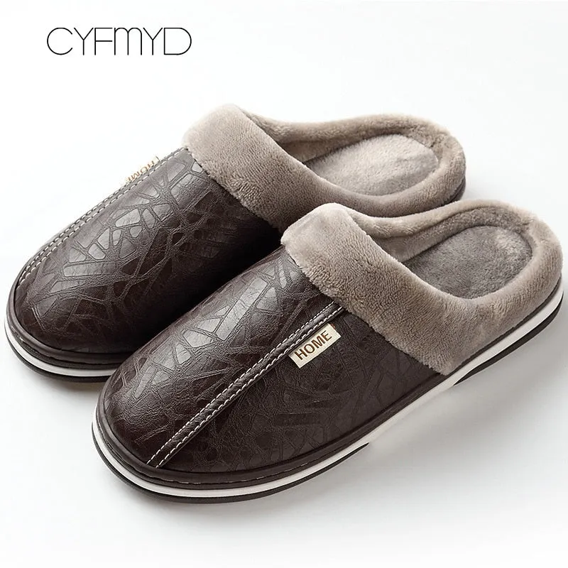 Men&#39;s Slippers Home Winter Indoor Warm Shoes Thick Bottom Plush  Waterproof Leather House Slippers Man Cotton Shoes 2022 New