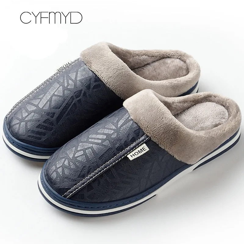 Men&#39;s Slippers Home Winter Indoor Warm Shoes Thick Bottom Plush  Waterproof Leather House Slippers Man Cotton Shoes 2022 New