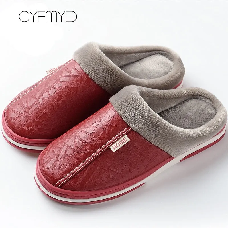 Men&#39;s Slippers Home Winter Indoor Warm Shoes Thick Bottom Plush  Waterproof Leather House Slippers Man Cotton Shoes 2022 New