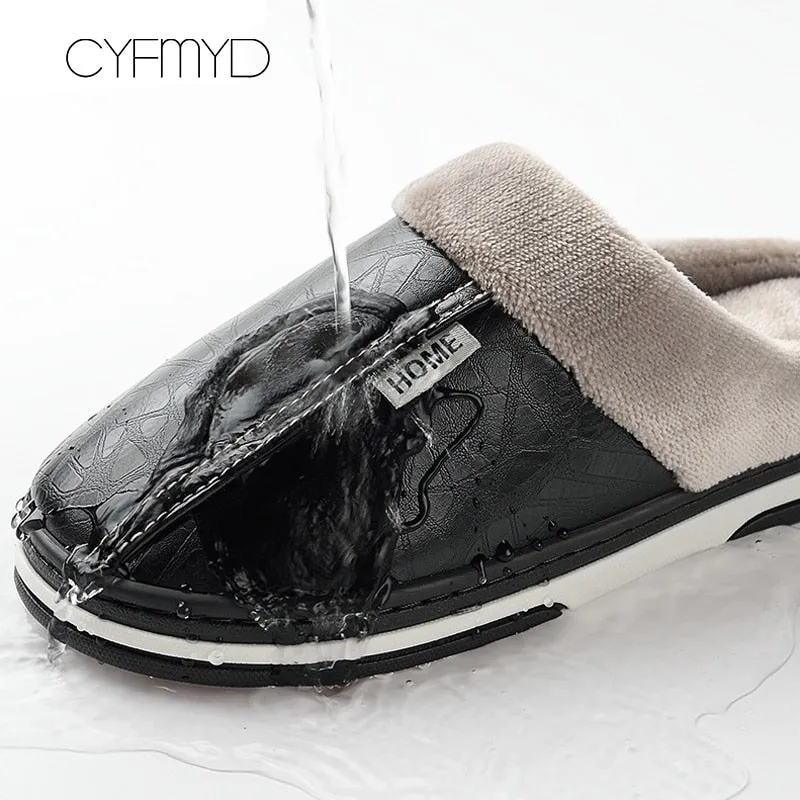 Men&#39;s Slippers Home Winter Indoor Warm Shoes Thick Bottom Plush  Waterproof Leather House Slippers Man Cotton Shoes 2022 New