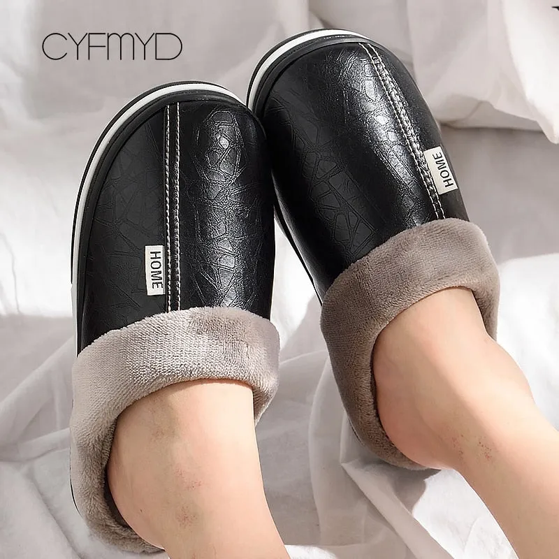 Men&#39;s Slippers Home Winter Indoor Warm Shoes Thick Bottom Plush  Waterproof Leather House Slippers Man Cotton Shoes 2022 New