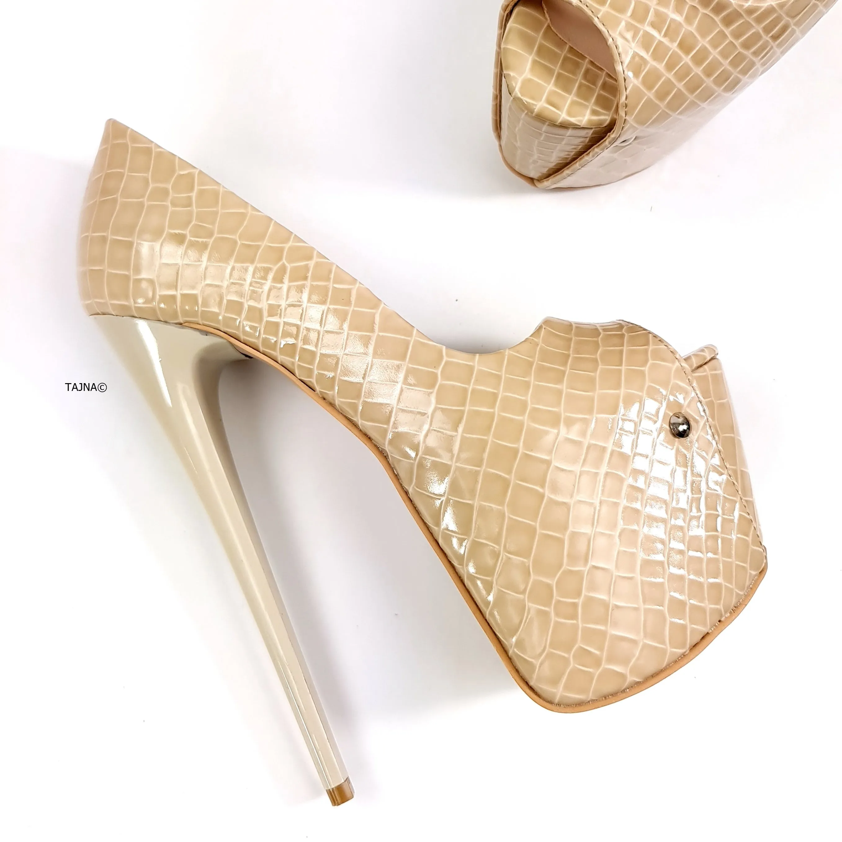 Nude Cream Peep Toe Croco High Heels
