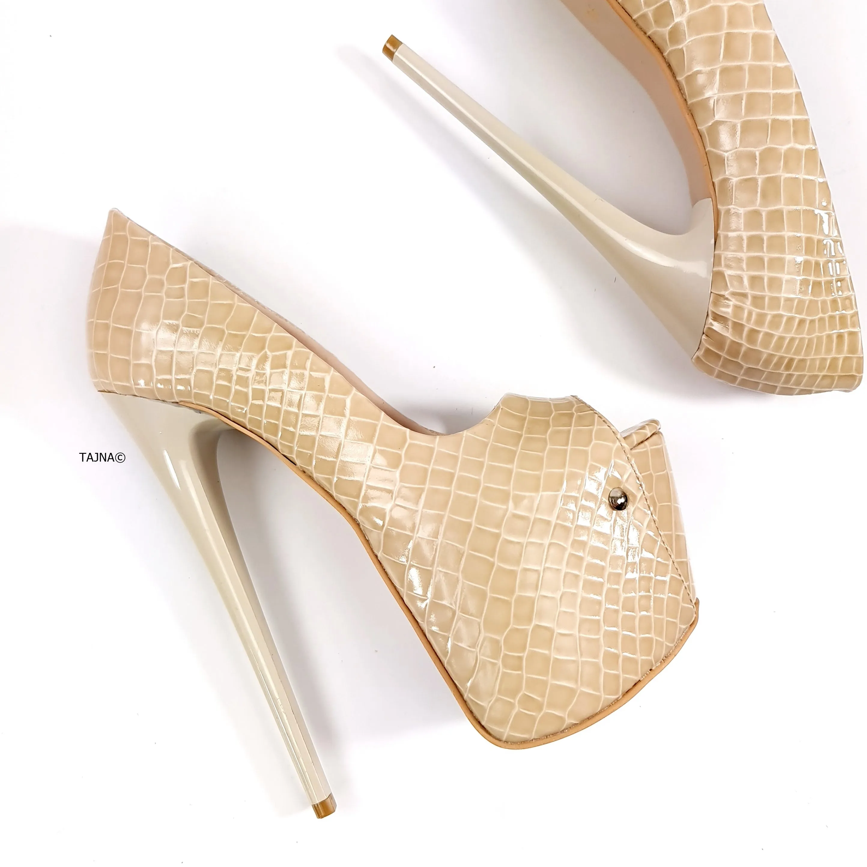 Nude Cream Peep Toe Croco High Heels