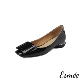 Patent Leather Low Heels with Square Buckle and Diamond Heels