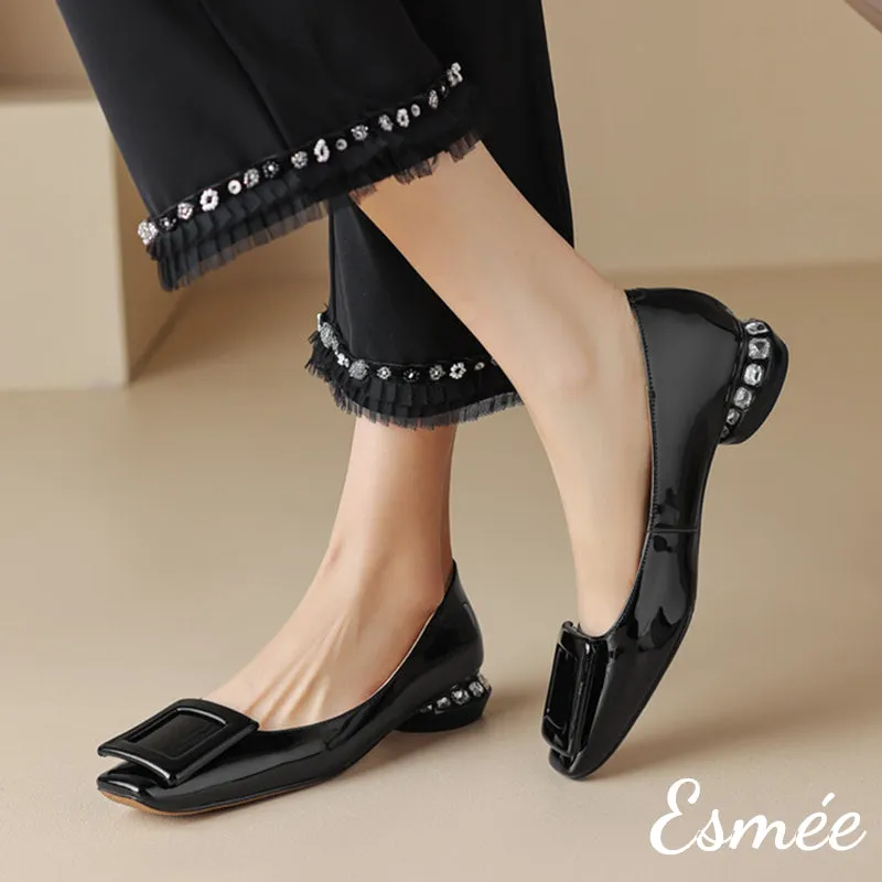 Patent Leather Low Heels with Square Buckle and Diamond Heels