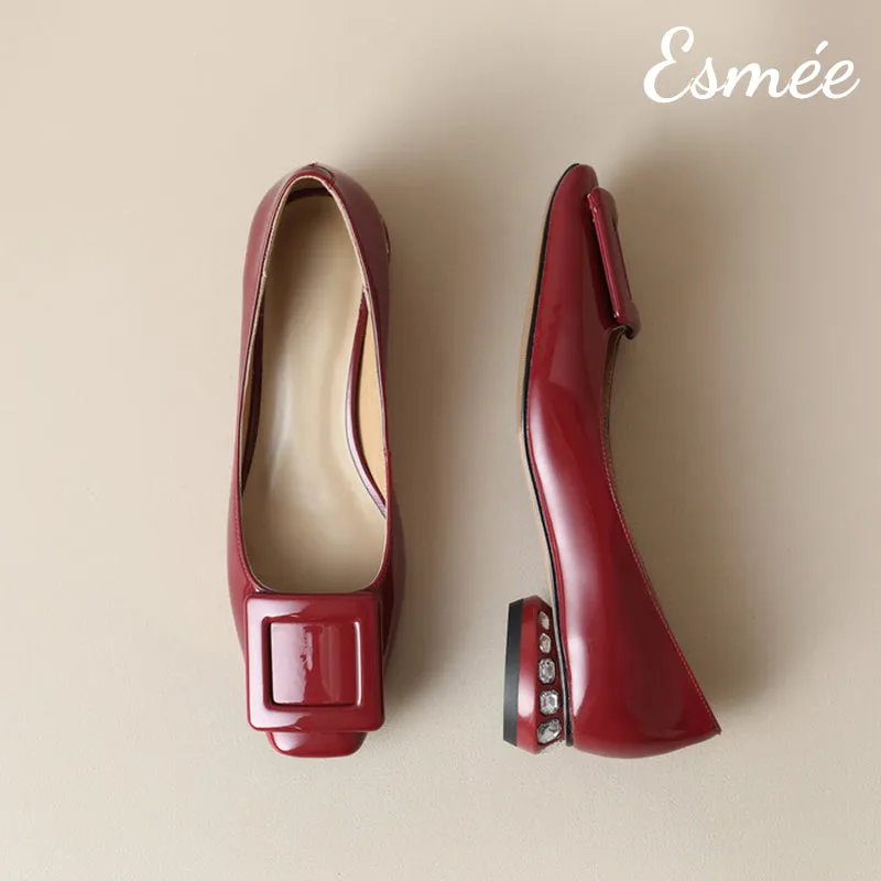 Patent Leather Low Heels with Square Buckle and Diamond Heels