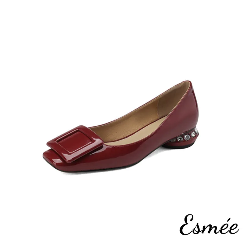 Patent Leather Low Heels with Square Buckle and Diamond Heels
