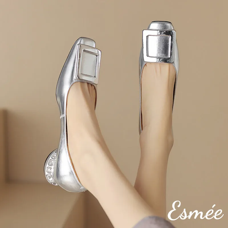 Patent Leather Low Heels with Square Buckle and Diamond Heels