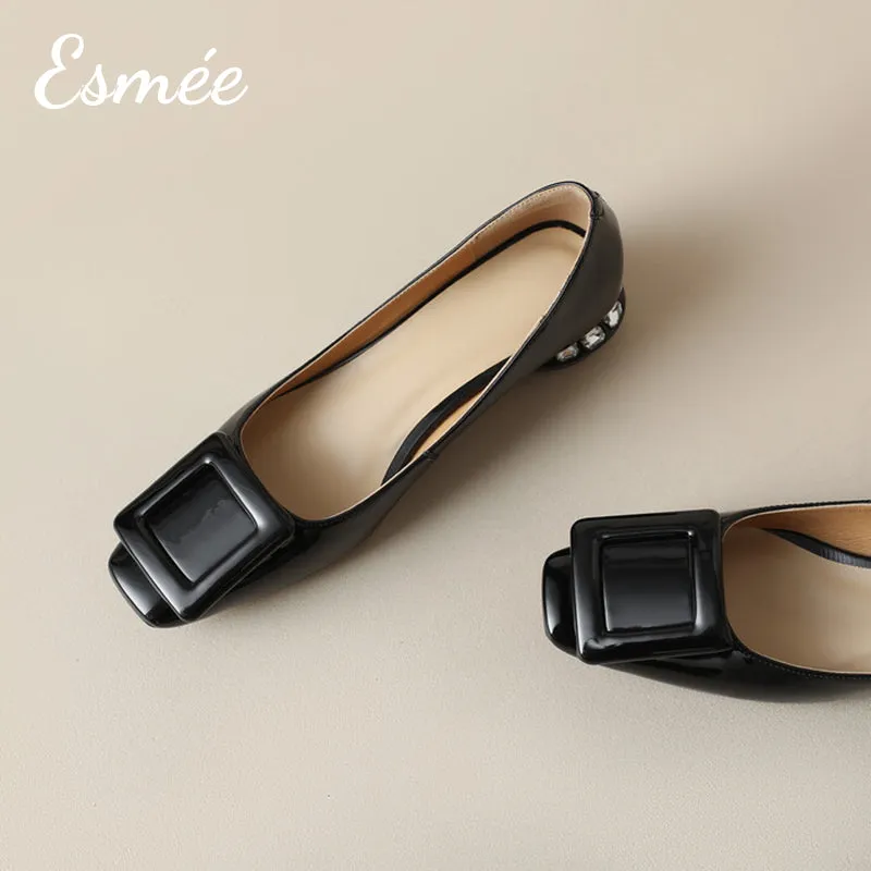 Patent Leather Low Heels with Square Buckle and Diamond Heels