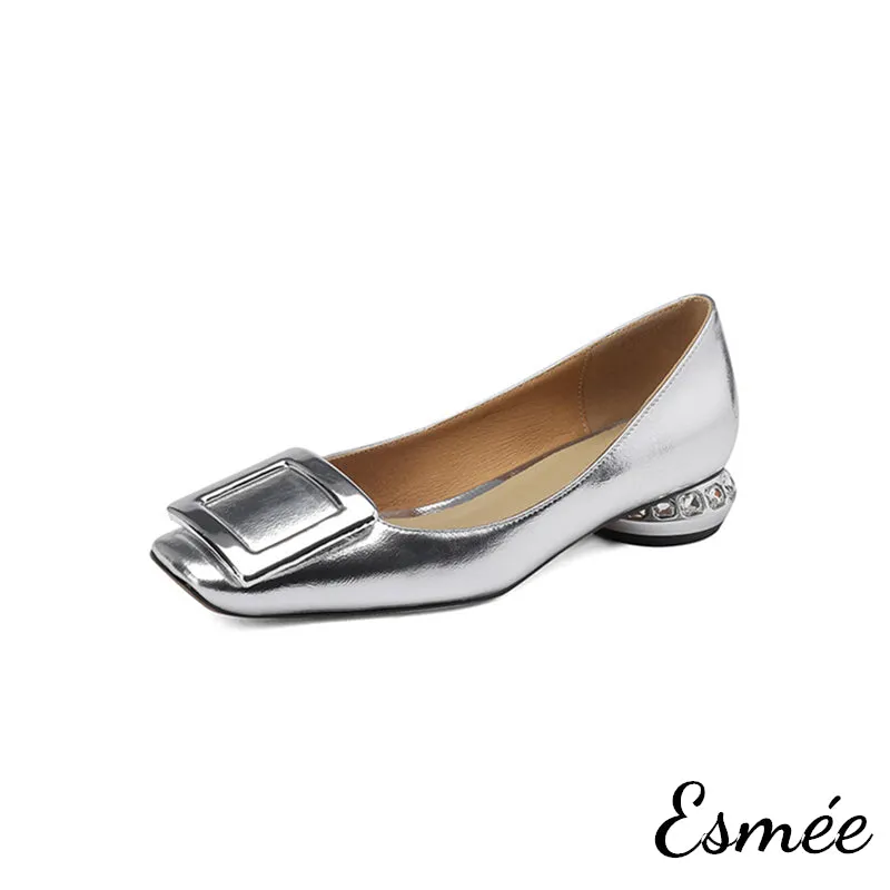 Patent Leather Low Heels with Square Buckle and Diamond Heels