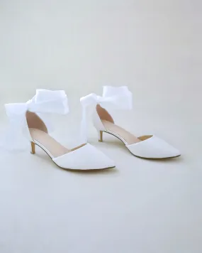 Satin Pointy Toe Low Heels with Wrapped Ankle Tie