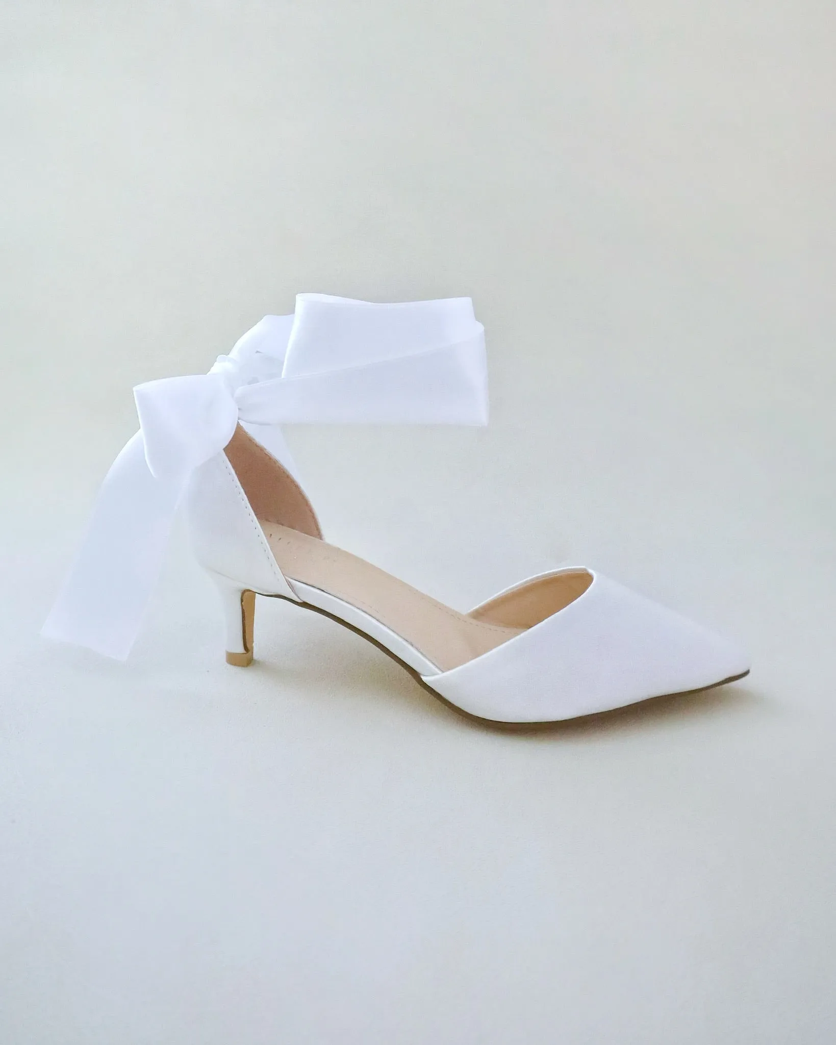 Satin Pointy Toe Low Heels with Wrapped Ankle Tie