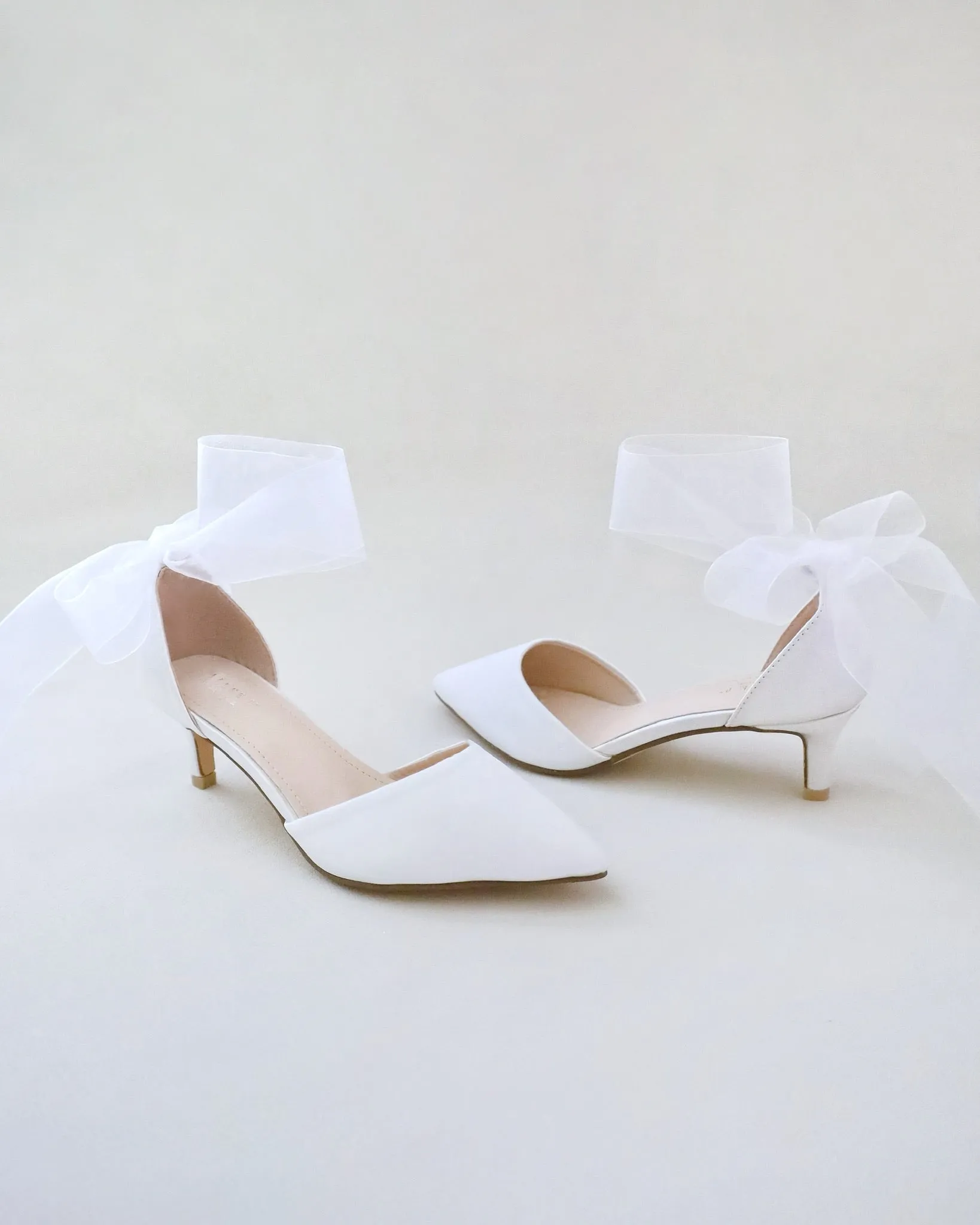 Satin Pointy Toe Low Heels with Wrapped Ankle Tie