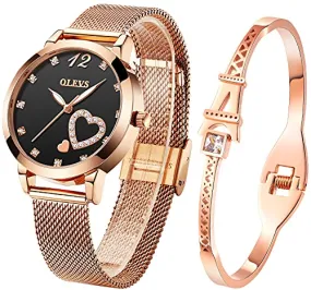 Women's 2-Piece Rose Gold Watch Gift Set w/Sparkling Heart Charm & Eiffel Tower Bracelet