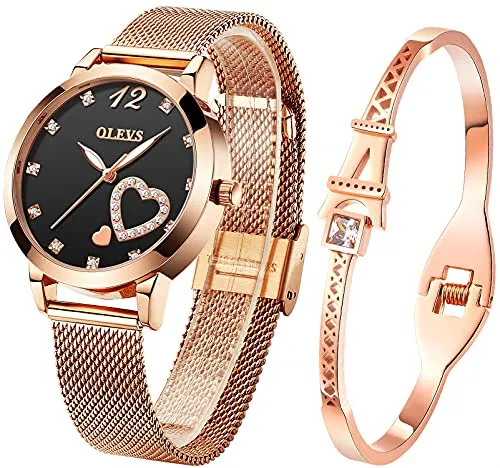 Women's 2-Piece Rose Gold Watch Gift Set w/Sparkling Heart Charm & Eiffel Tower Bracelet