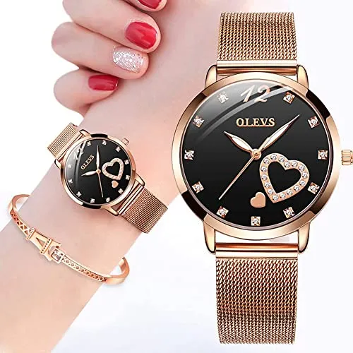 Women's 2-Piece Rose Gold Watch Gift Set w/Sparkling Heart Charm & Eiffel Tower Bracelet
